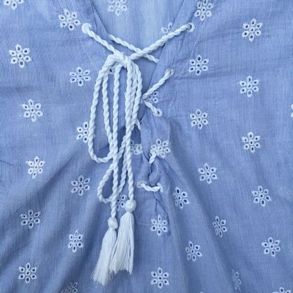 H&M boho peasant blouse blue white pinstripe eyelet lace up front long sleeve L​ - Picture 4 of 9